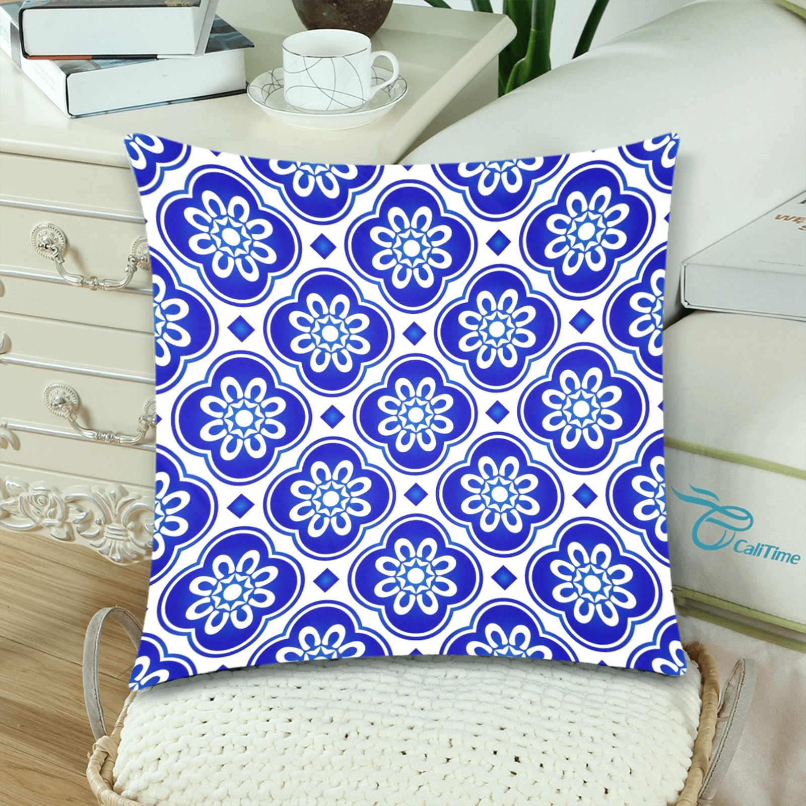 Decorative Blue and White Floral Abstract Custom Zippered Pillow Cases 18"x 18" (Twin Sides) (Set of 2)
