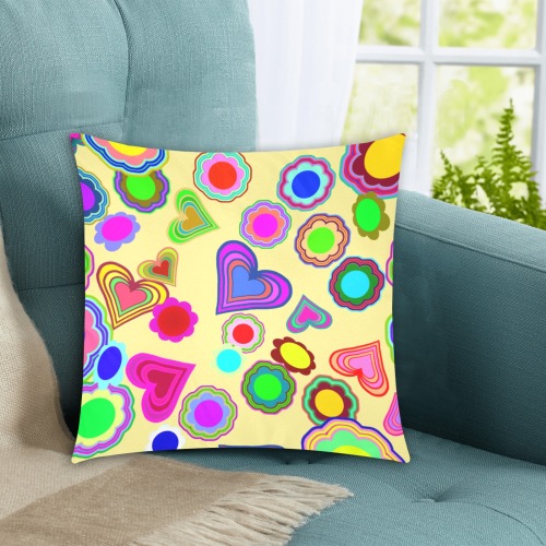 Groovy Hearts Flowers Pattern Yellow Custom Zippered Pillow Cases 16"x16" (Two Sides)