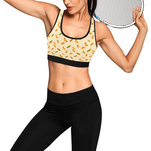 Hot Dogs on Yellow Women's All Over Print Sports Bra-New (Model T52)