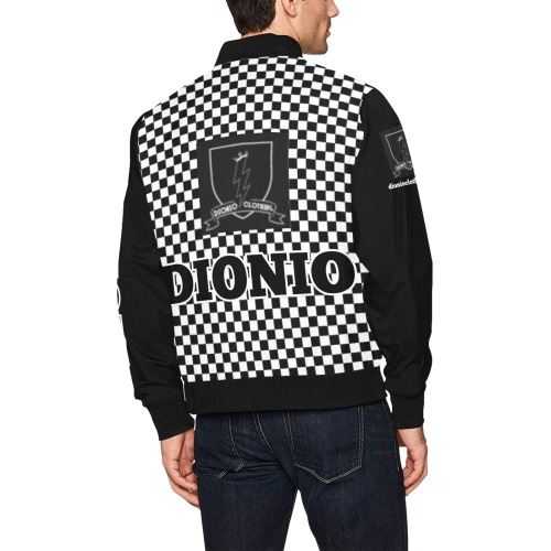 DIONIO Clothing - Half-Checkered Black & White Bomber Jacket (White Big DIONIO LOGO) All Over Print Bomber Jacket for Men (Model H31)