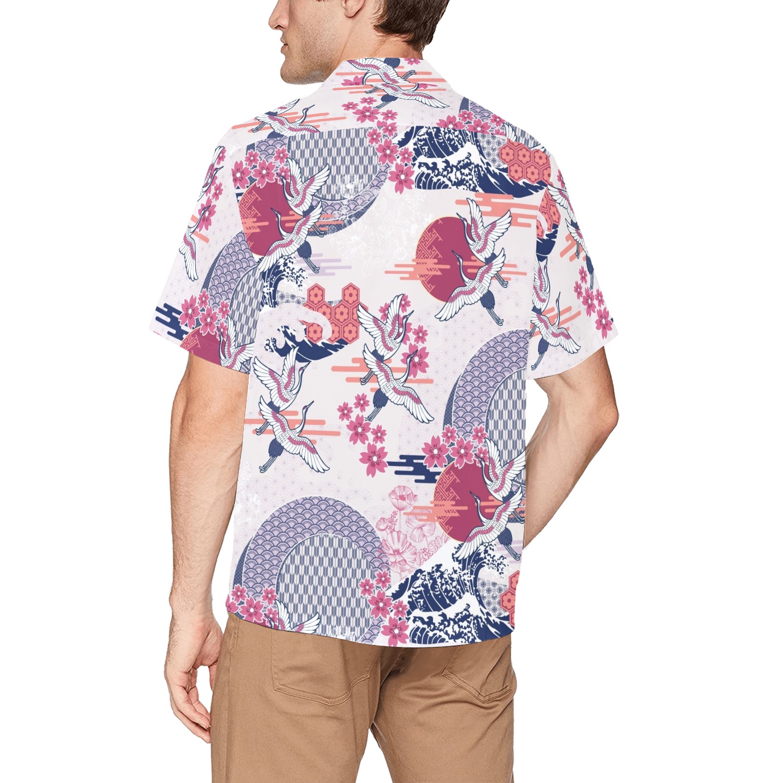 CRANE & MOON LIGHT Hawaiian Shirt with Chest Pocket (Model T58)