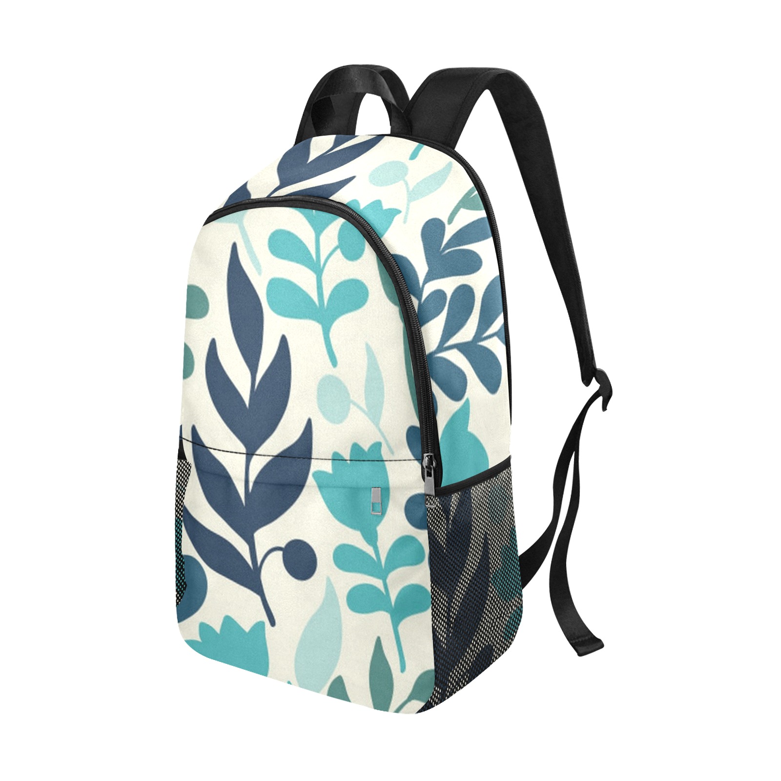 Cute Blue Floral Doodle Fabric Backpack with Side Mesh Pockets (Model 1659)