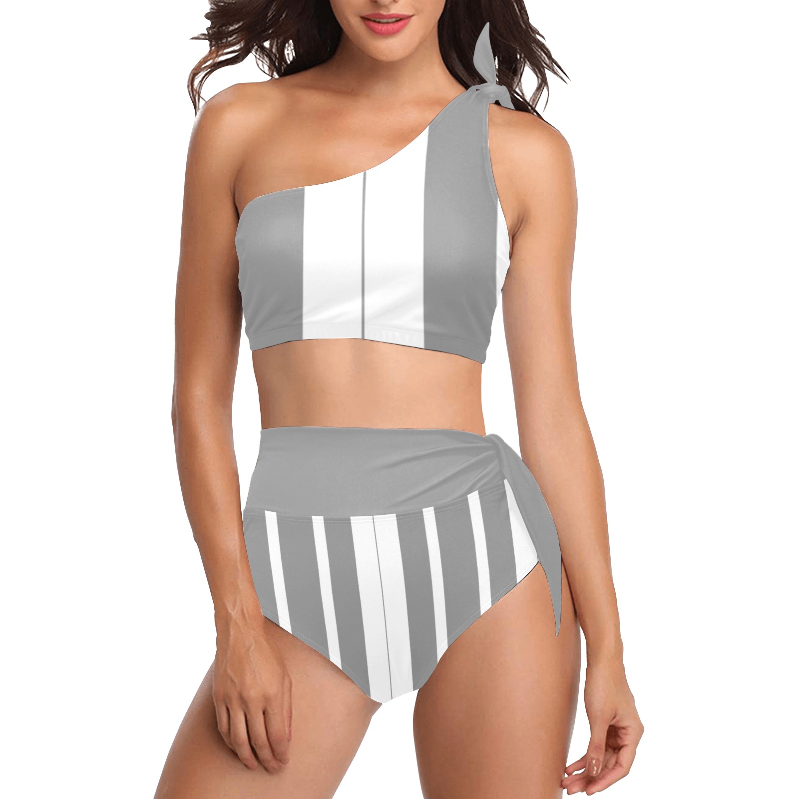 Gray and White Stripes High Waisted One Shoulder Bikini Set (Model S16)