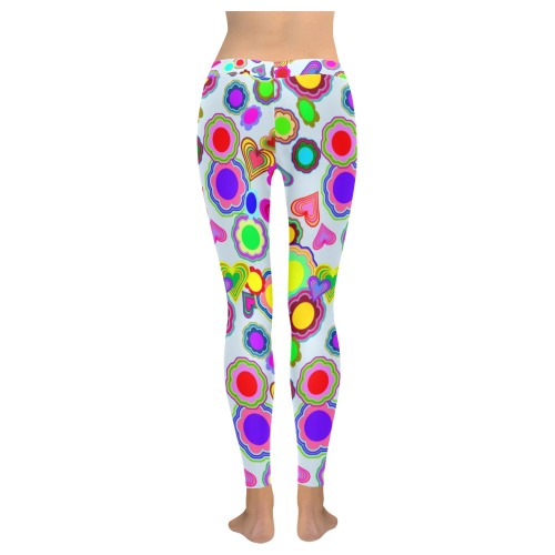 Groovy Hearts and Flowers Blue Women's Low Rise Leggings (Invisible Stitch) (Model L05)