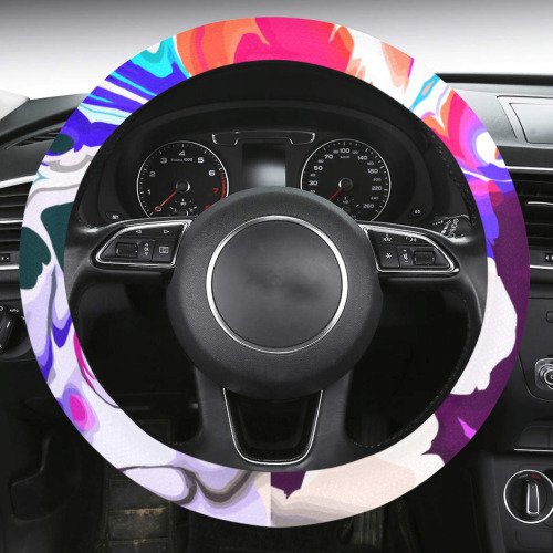 Blue White Pink Liquid Flowing Marbled Ink Abstract Steering Wheel Cover with Anti-Slip Insert