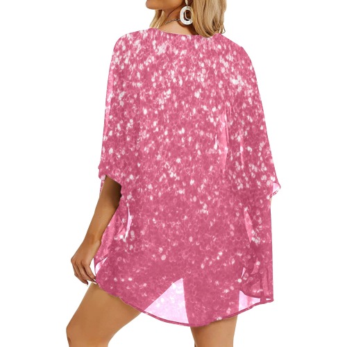 Magenta light pink red faux sparkles glitter Women's Kimono Chiffon Cover Ups (Model H51)