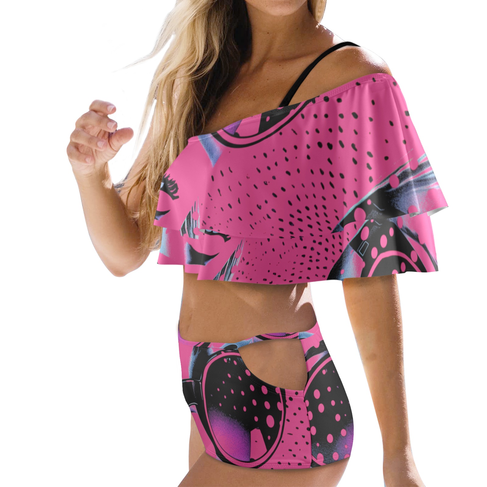 Lucy Seeing Pink 2-pc Ruffle Swimsuit Women's Ruffle Off Shoulder Bikini Swimsuit (Model S45)
