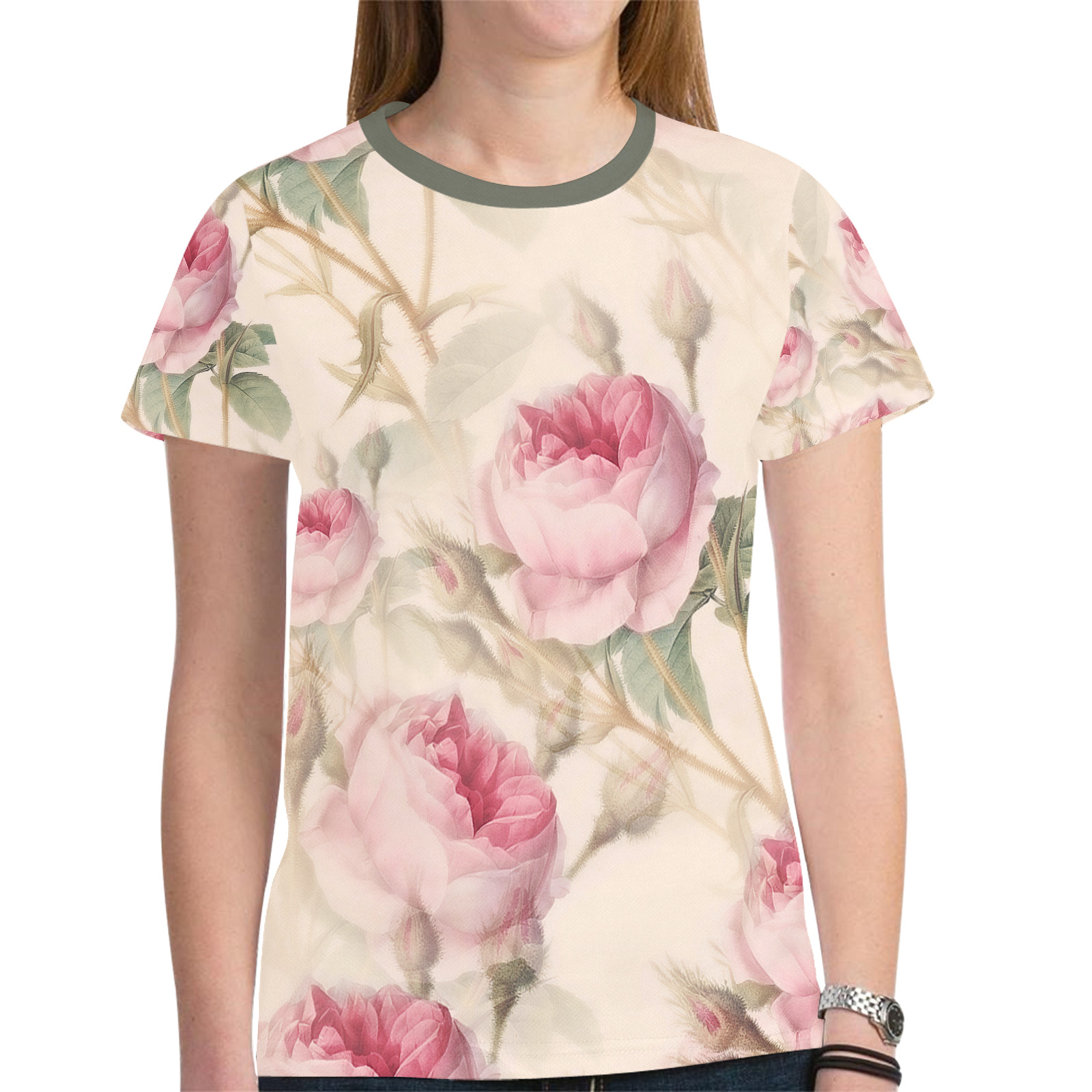 Vintage Pink Rose Garden Pattern New All Over Print T-shirt for Women (Model T45)