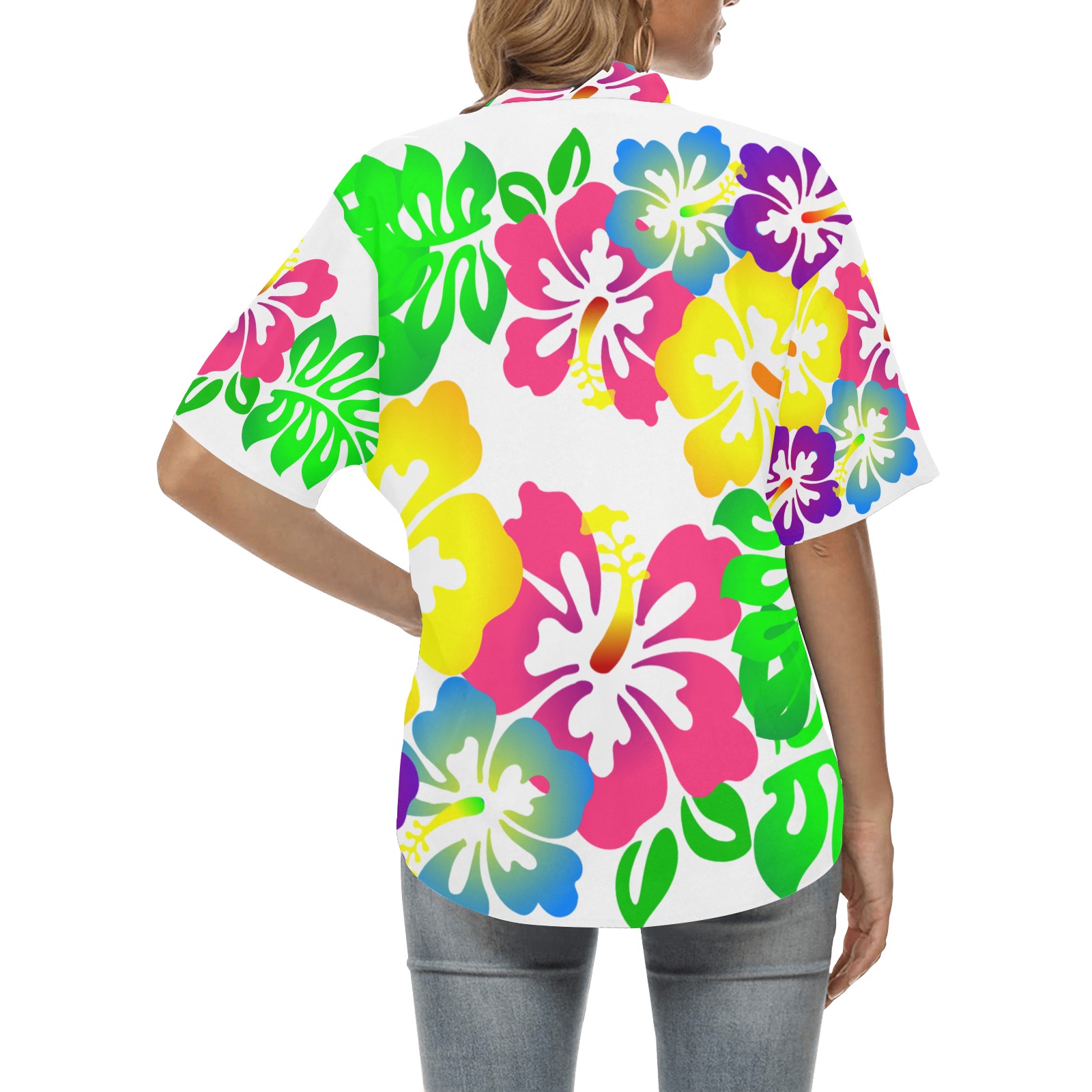 Hibiscus Hawaiian Flowers on White All Over Print Hawaiian Shirt for Women (Model T58)