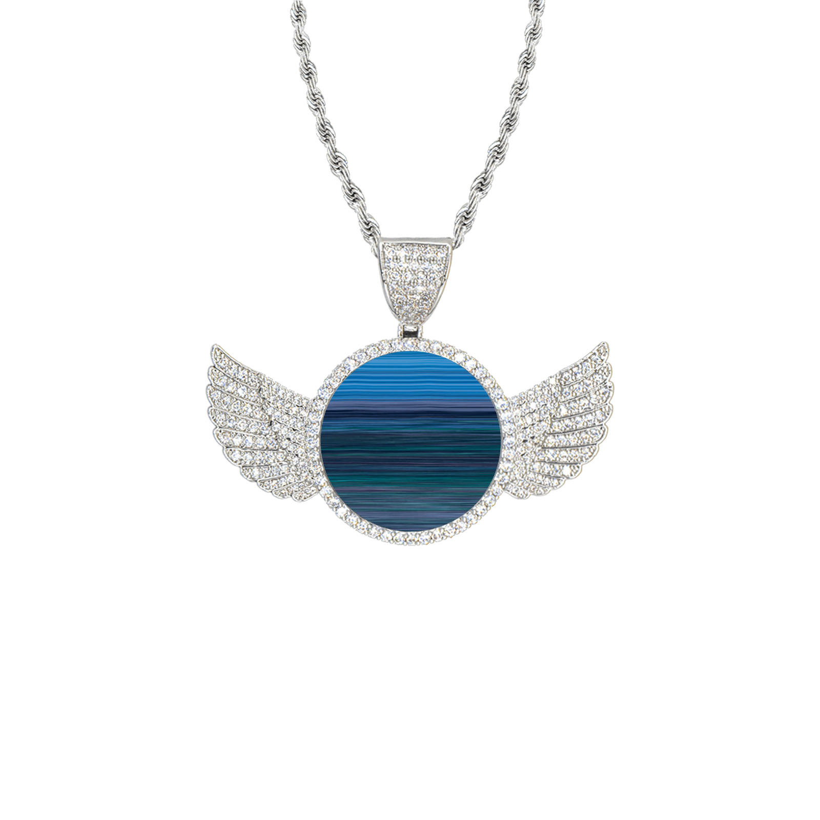 Abstract Blue Horizontal Stripes Wings Silver Photo Pendant with Rope Chain