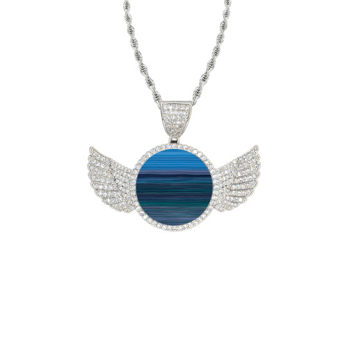 Abstract Blue Horizontal Stripes Wings Silver Photo Pendant with Rope Chain