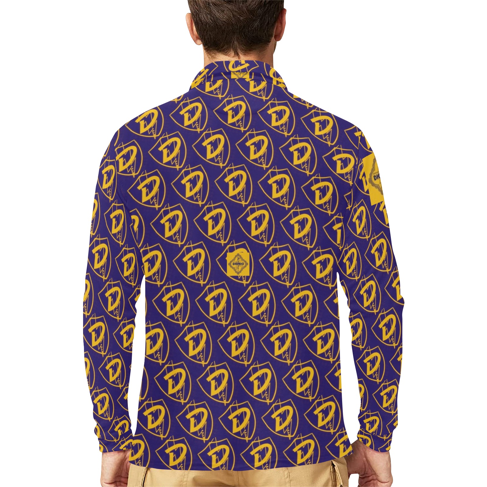 DIONIO Clothing - D Shield Repeat Long Sleeve Purple & Gold Polo Shirt Men's Long Sleeve Polo Shirt (Model T73)