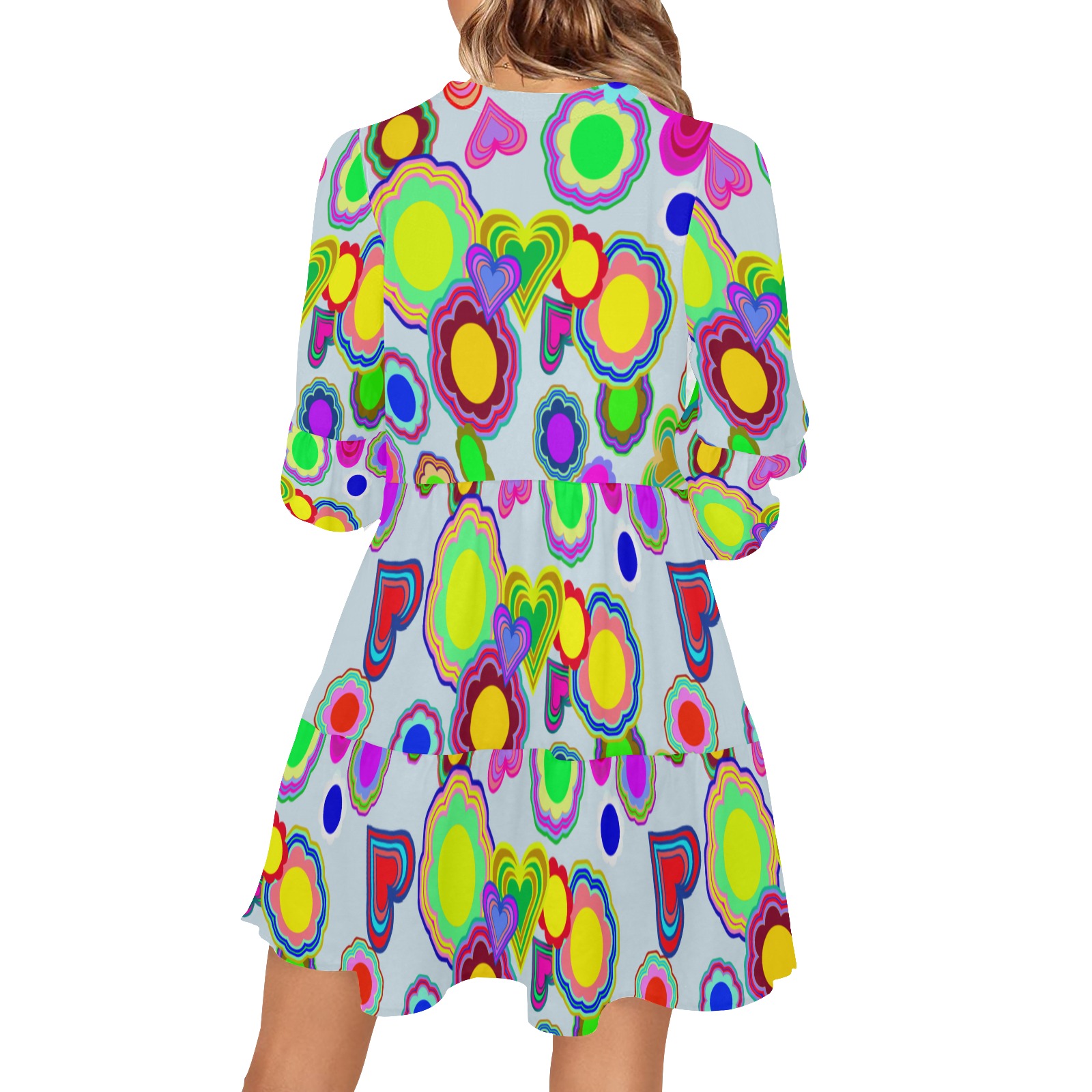 Groovy Hearts and Flowers Blue V-Neck Loose Fit Dress (Model D62)