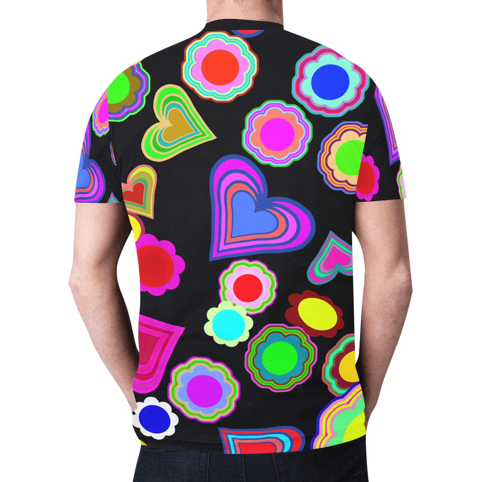 Groovy Hearts Flowers Pattern Black New All Over Print T-shirt for Men (Model T45)