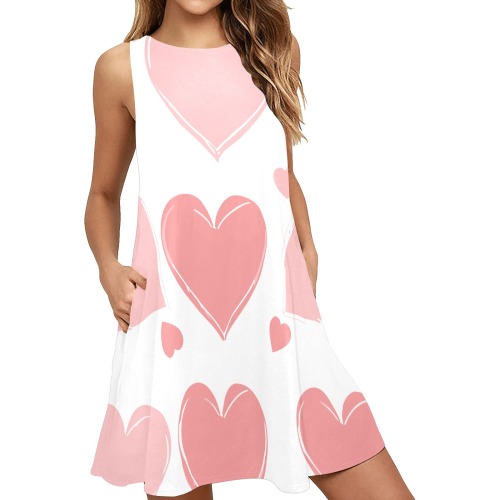 heart print Sleeveless A-Line Pocket Dress (Model D57)