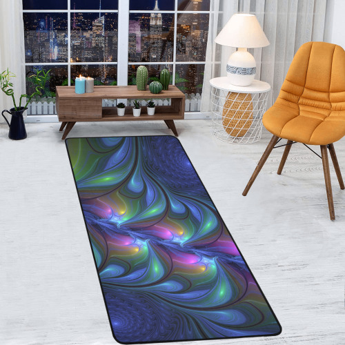 Colorful Luminous Abstract Blue Pink Green Fractal Area Rug with Black Binding  7'x3'3''