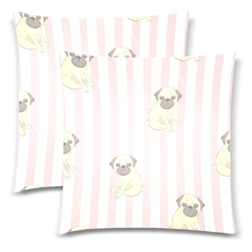 Pugs on Pink Stripes Custom Zippered Pillow Cases 18"x 18" (Twin Sides) (Set of 2)