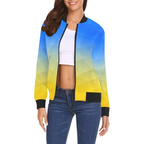 Ukraine yellow blue geometric mesh pattern All Over Print Bomber Jacket for Women (Model H19)