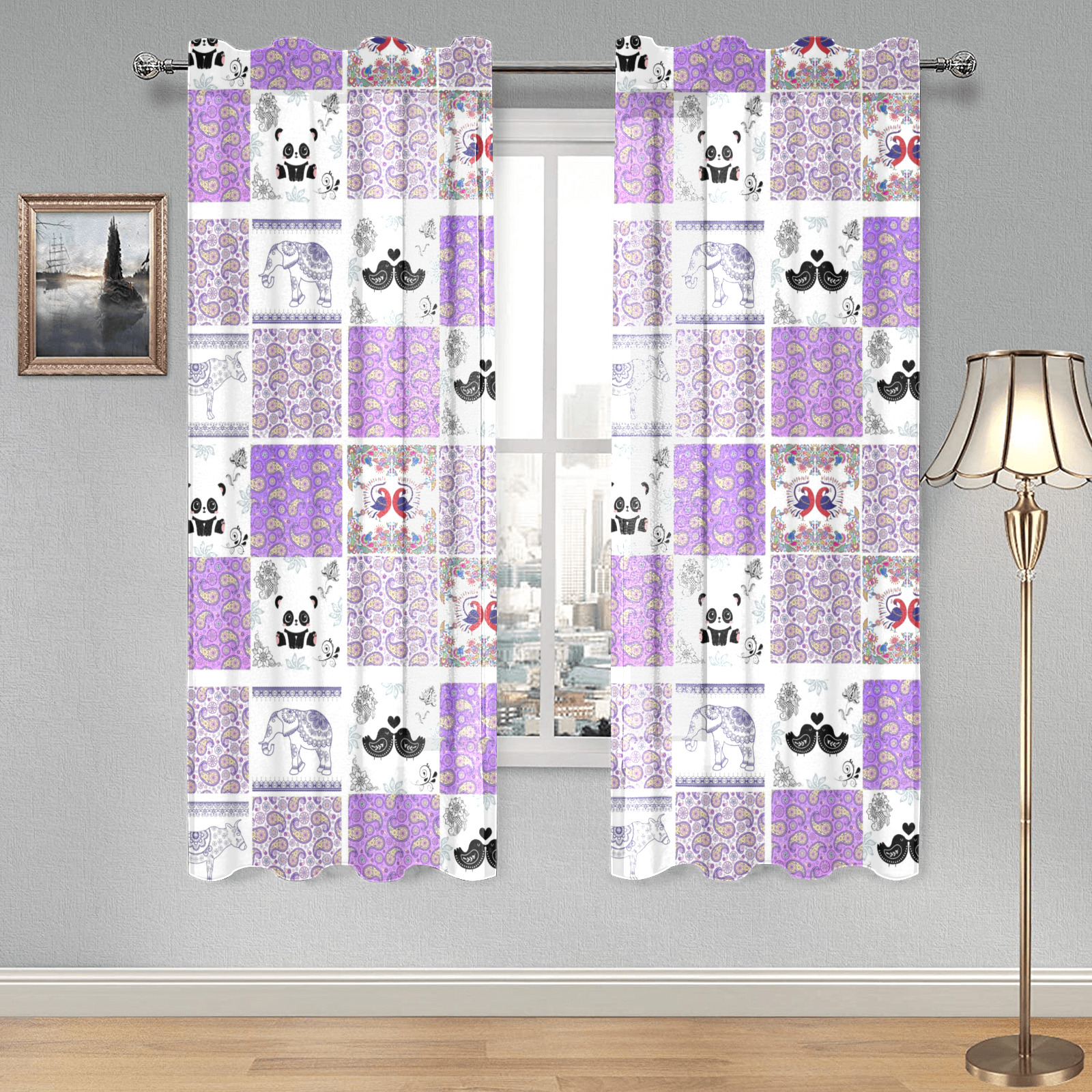 Purple Paisley Birds and Animals Patchwork Design Gauze Curtain 28"x63" (Two-Piece)