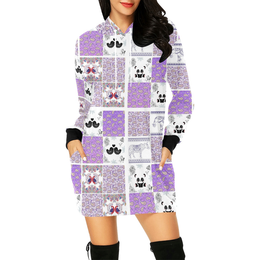 Purple Paisley Birds and Animals Patchwork Design All Over Print Hoodie Mini Dress (Model H27)