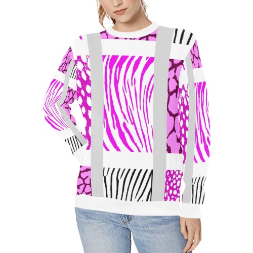 White and Pink Mixed Animal Print Women's Rib Cuff Crew Neck Sweatshirt (Model H34)