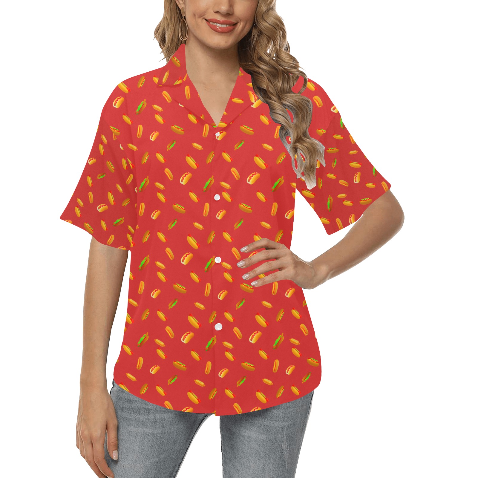 Hot Dog Pattern on Red All Over Print Hawaiian Shirt for Women (Model T58)