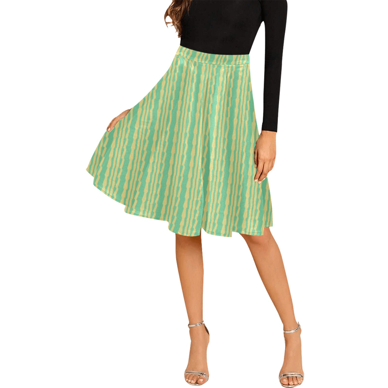 boho cyan & beige striped Melete Pleated Midi Skirt (Model D15)