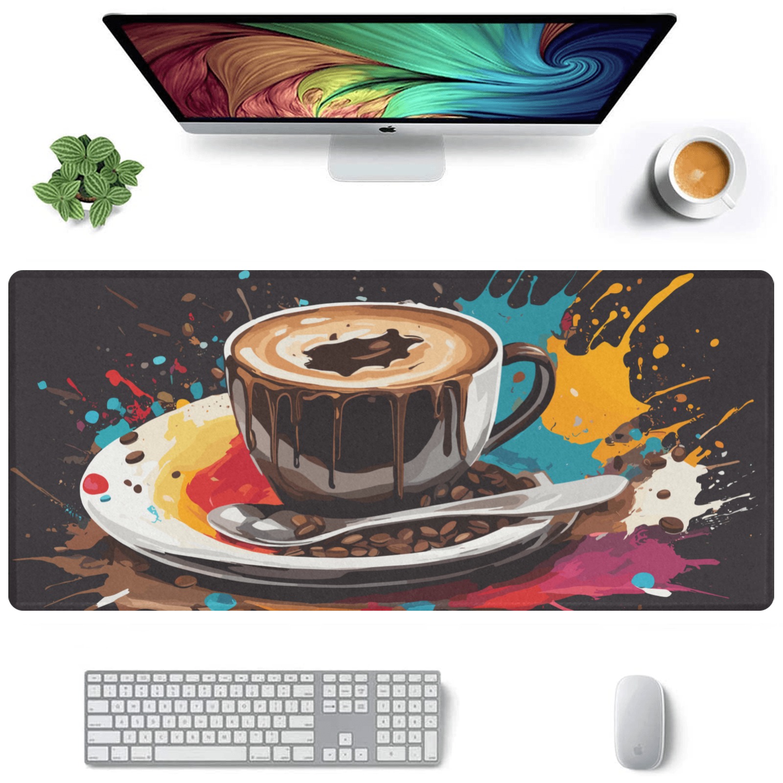 A cup of hot chocolate and colors around it art Gaming Mousepad (35"x16")