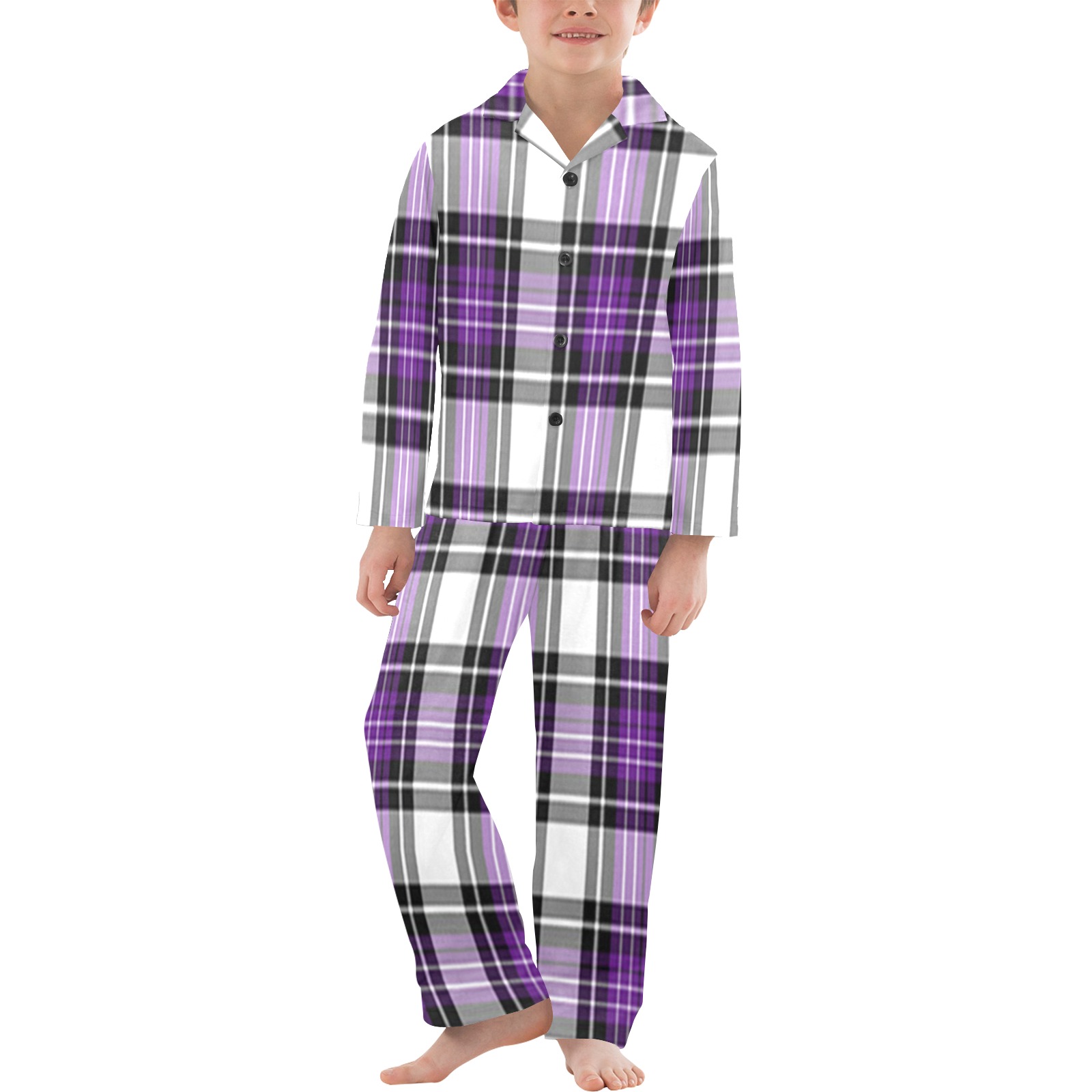 Purple Black Plaid Big Boys' V-Neck Long Pajama Set