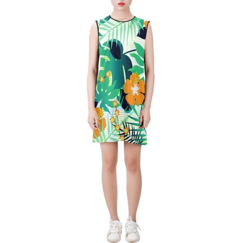GROOVY FUNK THING FLORAL Sleeveless Round Neck Shift Dress (Model D51)