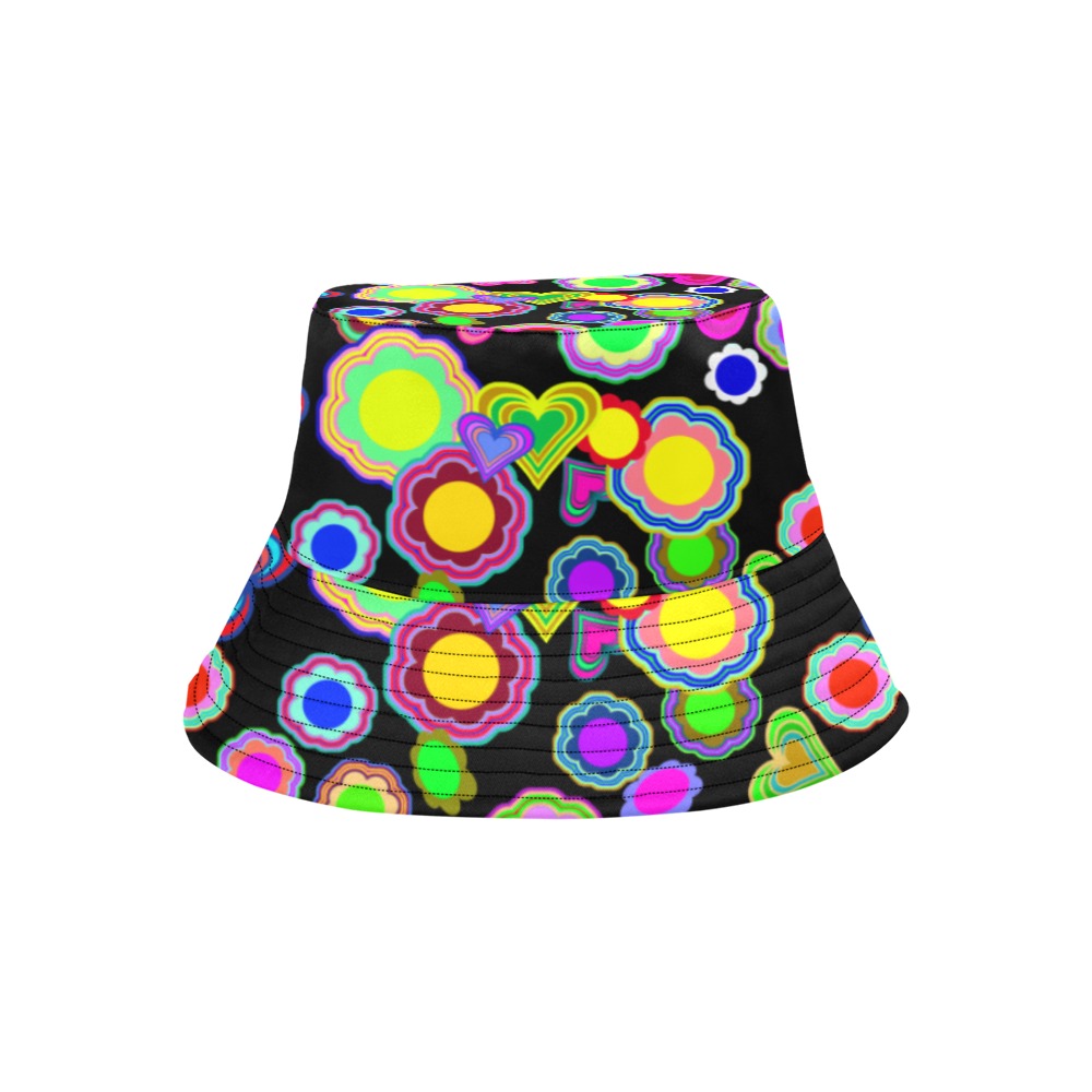 Groovy Hearts and Flowers Black All Over Print Bucket Hat