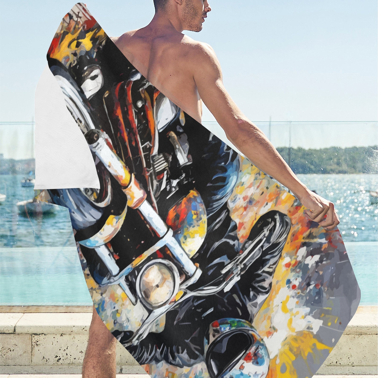 Male motorcyclist drives a bike. Colorful art Beach Towel 32"x 71"