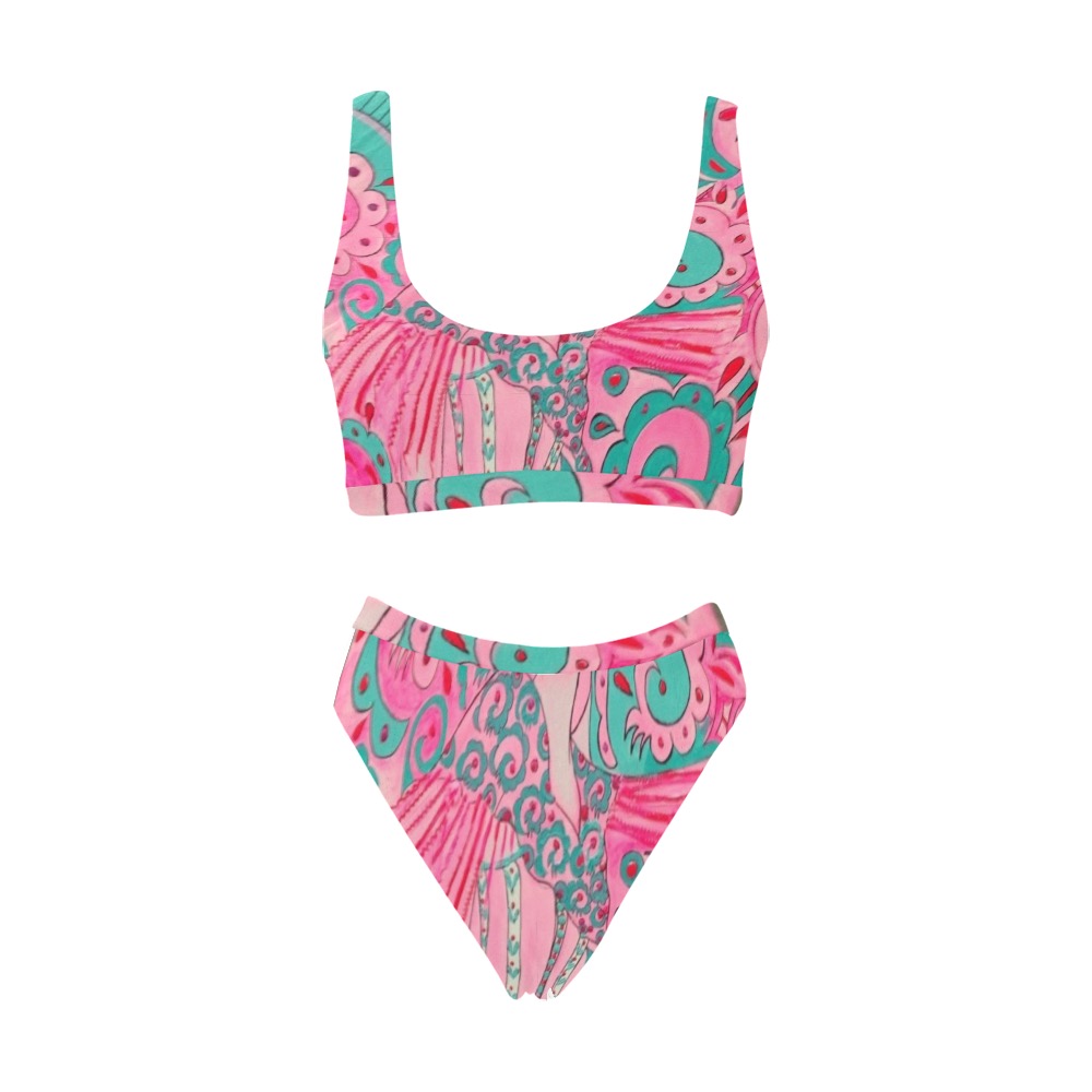 Pink and aqua doodle Sport Top & High-Waisted Bikini Swimsuit (Model S07)