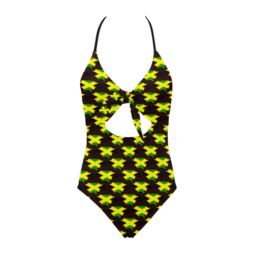 Jamaican Flag Maps Brown Backless Hollow Out Bow Tie Swimsuit (Model S17)