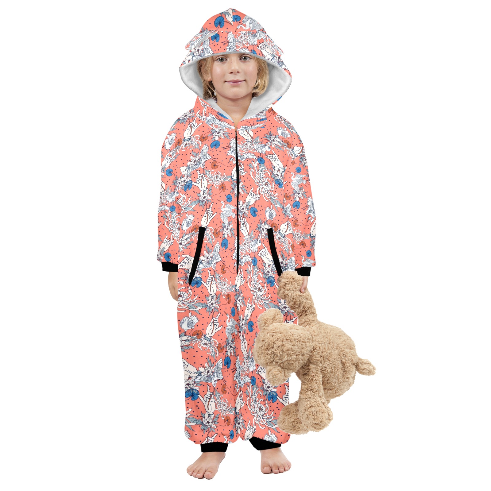 Asian pattern 70 One-Piece Zip up Hooded Pajamas for Little Kids