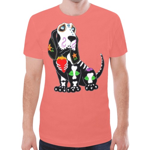 Basset Hound Sugar Skull Coral New All Over Print T-shirt for Men (Model T45)