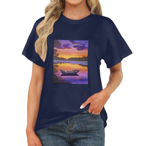 Boat on the Lake at Sunset Women's Dark Blue T-Shirt
