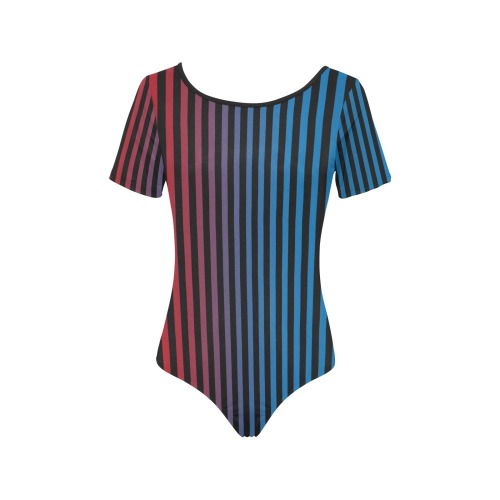 Stripes Fade Blue, Black, Red Women's Short Sleeve Bodysuit
