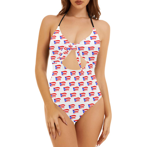 Puerto Rican Flags White Backless Hollow Out Bow Tie Swimsuit (Model S17)