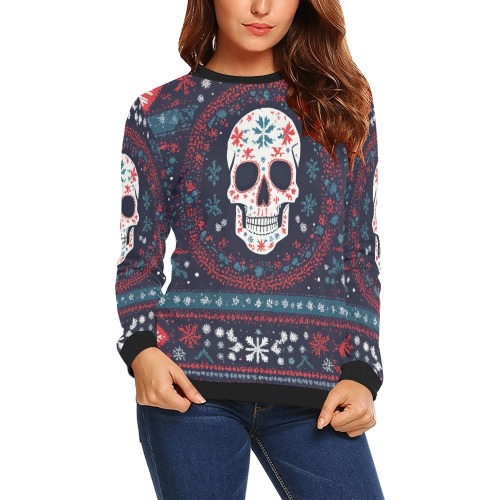 Red, blue, white winter pattern with a skull art. All Over Print Crewneck Sweatshirt for Women (Model H18)