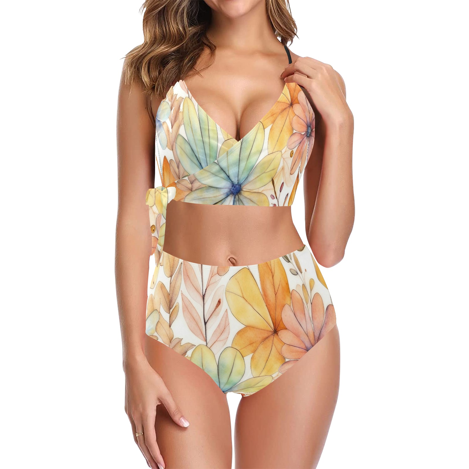 Watercolor Floral 2 Knot Side Bikini Swimsuit (Model S37)
