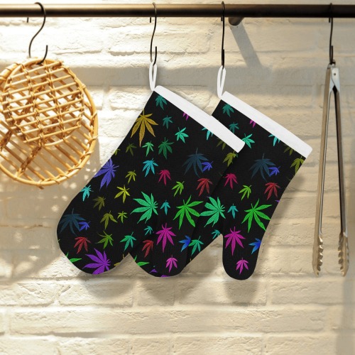 Rainbow Pot Leaves Linen Oven Mitt (Two Pieces)
