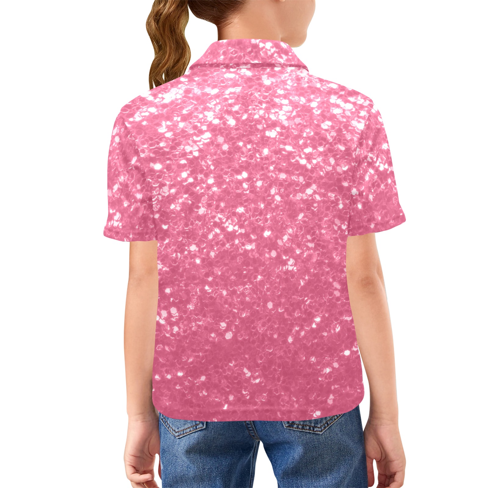 Magenta light pink red faux sparkles glitter Big Girls' All Over Print Polo Shirt (Model T55)