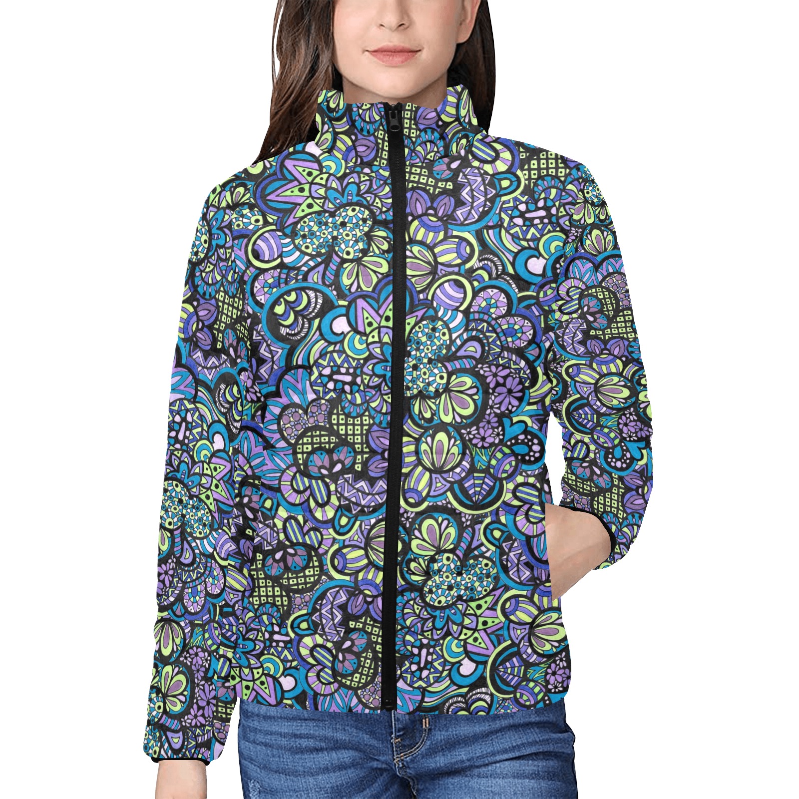 Scrambled Peacock Eggs - Large Pattern Women's Stand Collar Padded Jacket (Model H41)