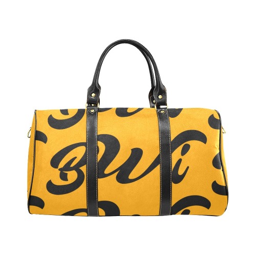 BWi Travel Bag: Orange w/Black Font - Black Leather Strap New Waterproof Travel Bag/Large (Model 1639)