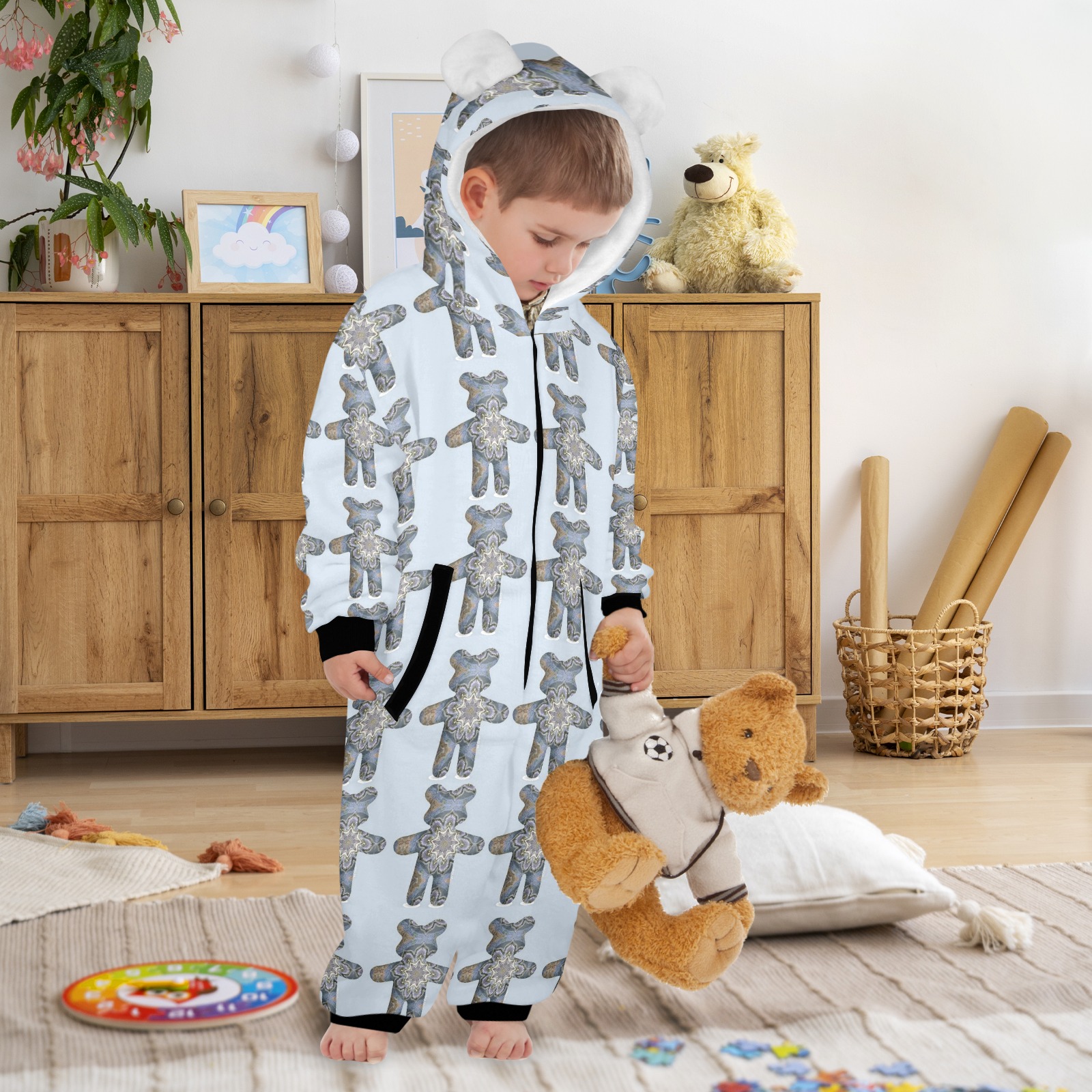 nounours 3 i One-Piece Zip up Hooded Pajamas for Little Kids