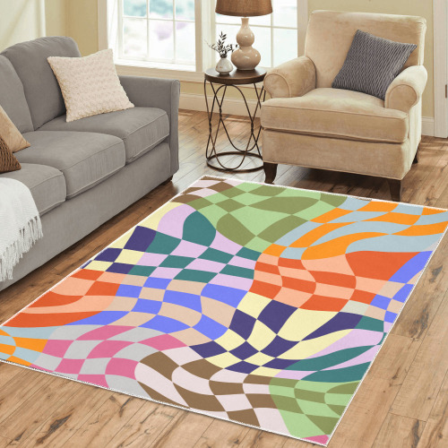 Wavy Groovy Geometric Checkered Retro Abstract Mosaic Pixels Area Rug7'x5'