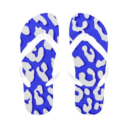 White Leopard Print Dark Blue Flip Flops for Men/Women (Model 040)
