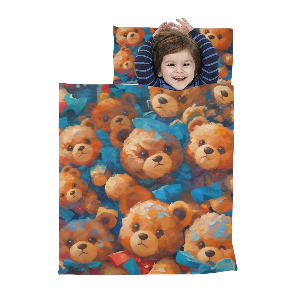 Group of toy teddy bears, blue and red ribbons. Kids' Sleeping Bag