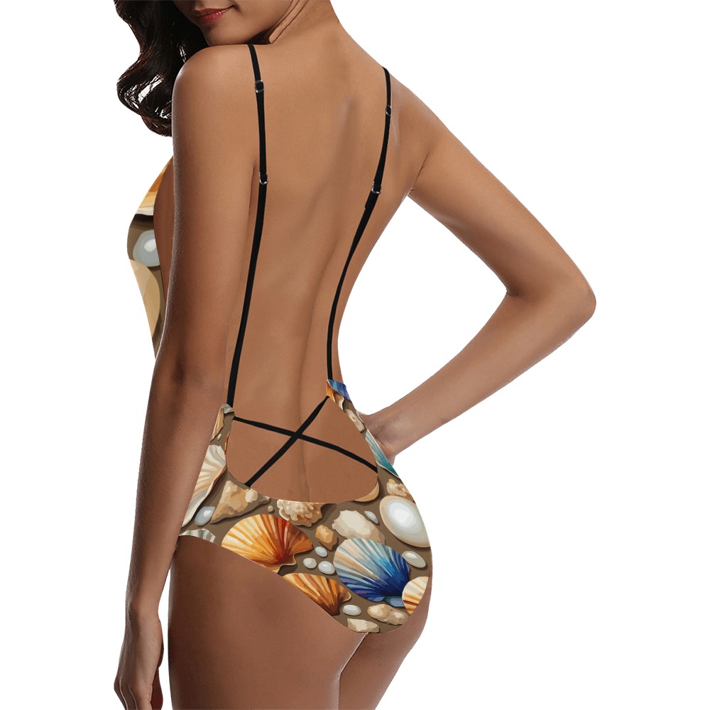 A mix of pearls, shells on the sand colorful art. Sexy Lacing Backless One-Piece Swimsuit (Model S10)